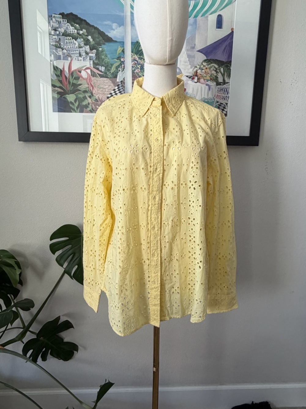 Ralph Lauren Black Label 100% Cotton Butter Yellow Eyelet Button Up Shirt L